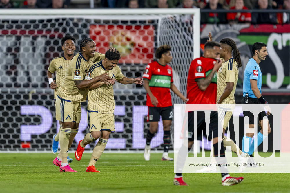 NIJMEGEN l Levski Sofia defender Christian Makoun and Levski Sofia forward Everton Bala celebrate the 0-1 goal during the UEFA Europa League match between NEC and Levski Sofia at Stadion De Goffert on October 15, 2026, in Nijmegen, the Netherlands. Photo by DeFodi Images