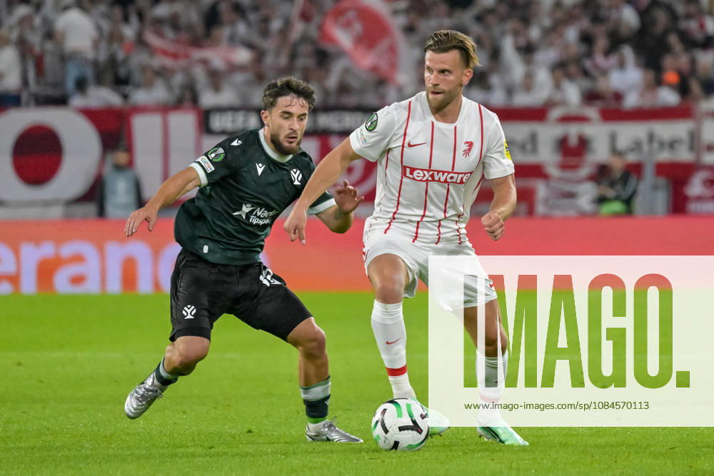 Richard Sedlacek, FK Jablonec, 13; Lucas Hoeler, SC Freiburg, 09, with the ball (GER); SC Freiburg vs. JK Jablonec, soccer, UEFA Conference League, Matchday 1, 2026–2027 season, October 15, 2026, GER, SC Freiburg vs. JK Jablonec, soccer, UEFA Conference League, Matchday 1, 2026–2027 season, October 15, 2026, Freiburg