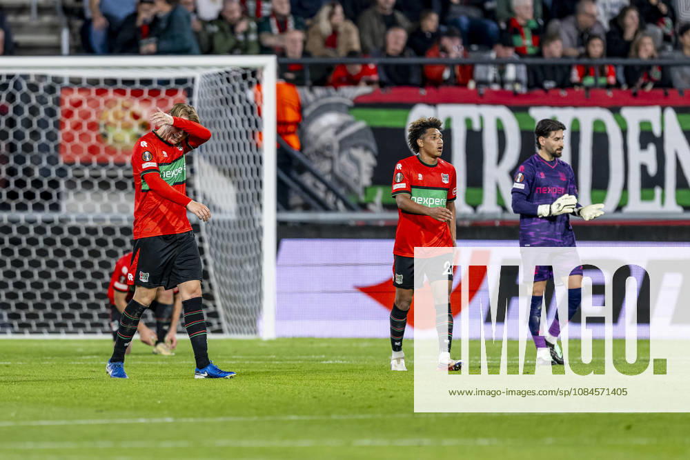 NIJMEGEN l NEC Nijmegen defender Perr Schuurs, NEC Nijmegen midfielder Noe Lebreton and NEC Nijmegen goalkeeper Gonzalo Crettaz look dejected after the goal scored by Levski Sofia forward Reinaldo (0–1) during the UEFA Europa League match between NEC and Levski Sofia at Stadion De Goffert on October 15, 2026, in Nijmegen , the Netherlands. Photo by DeFodi Images