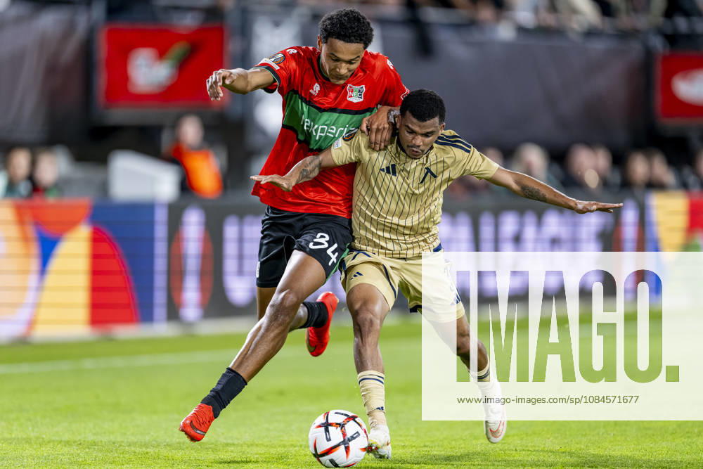 NIJMEGEN l NEC Nijmegen forward Kevin Kers and Levski Sofia defender Maicon during the UEFA Europa League match between NEC and Levski Sofia at Stadion De Goffert on October 15, 2026, in Nijmegen, Netherlands. Photo by DeFodi Images