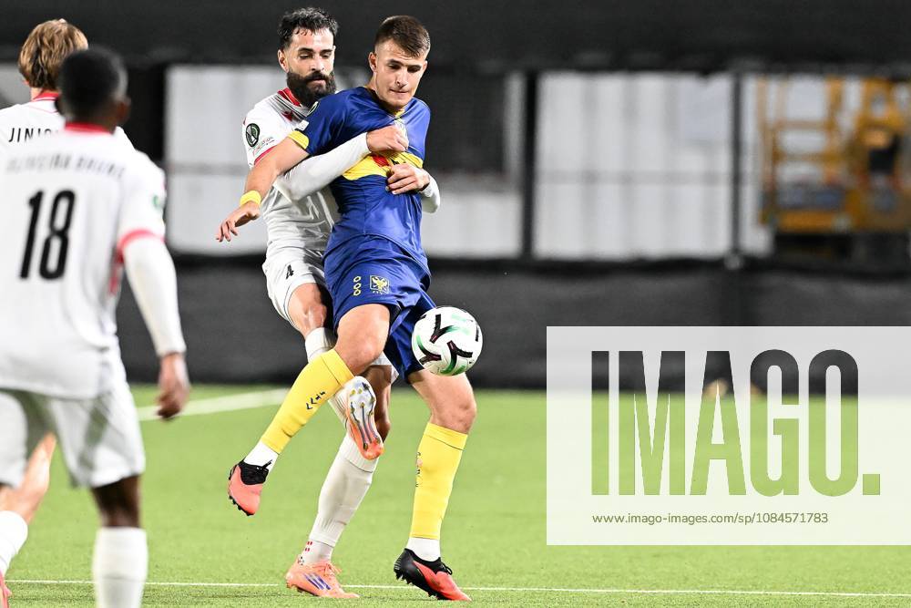 Iberia s Vahid Selimovic and STVV s Samed Bazdar pictured in action during a soccer game between Belgian Sint-Truidense VV and Georgian FC Iberia 1999 Tbilisi, Thursday 15 October 2026 in Sint-Truiden, the opening match of the UEFA Conference League league phase. JILLxDELSAUX x189929846x