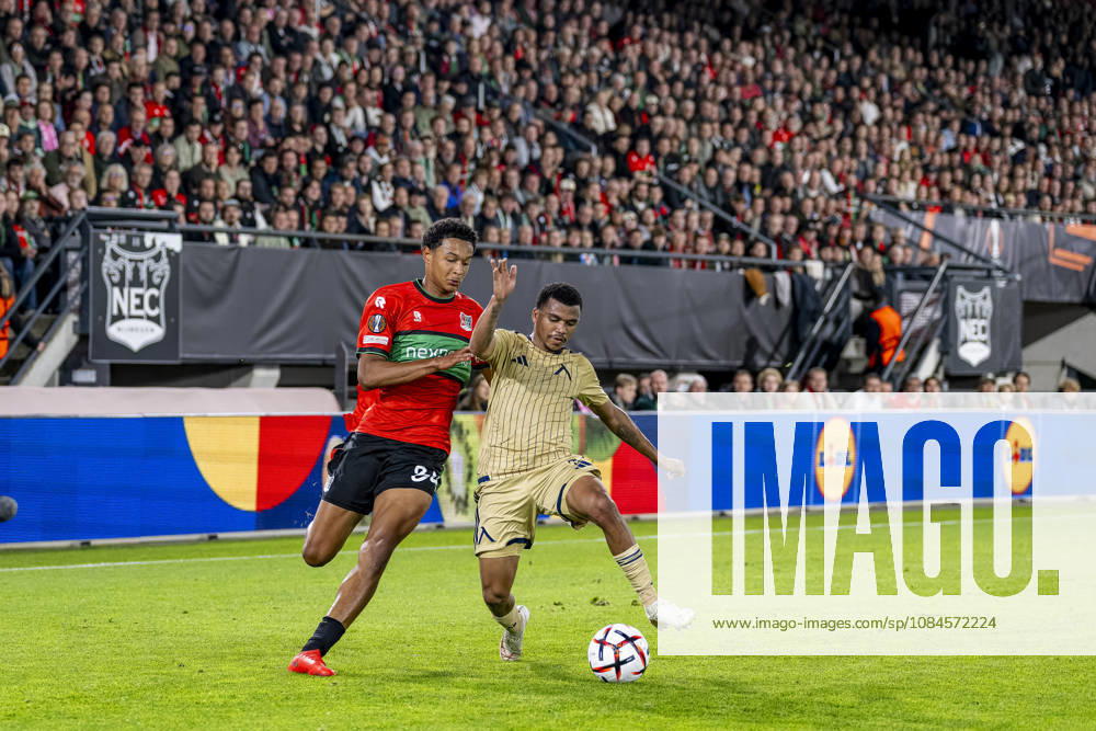 NIJMEGEN l NEC Nijmegen forward Kevin Kers and Levski Sofia defender Maicon during the UEFA Europa League match between NEC and Levski Sofia at Stadion De Goffert on October 15, 2026, in Nijmegen, the Netherlands. Photo by DeFodi Images