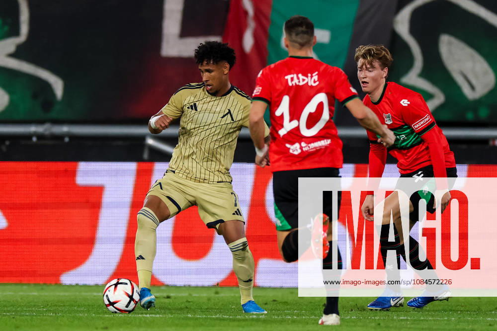 Reinaldo of Levski Sofia controls the ball under pressure from Dusan Tadic of NEC Nijmegen and Perr Schuurs of NEC Nijmegen during the UEFA Europa League 2026 27 League Phase MD2 match between N.E.C. Nijmegen and PFC Levski Sofia at Goffertstadion on October 15, 2026 in Nijmegen, Netherlands.