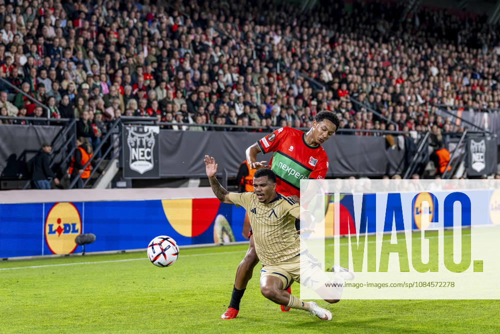 NIJMEGEN l NEC Nijmegen forward Kevin Kers and Levski Sofia defender Maicon during the UEFA Europa League match between NEC and Levski Sofia at Stadion De Goffert on October 15, 2026, in Nijmegen, the Netherlands. Photo by DeFodi Images