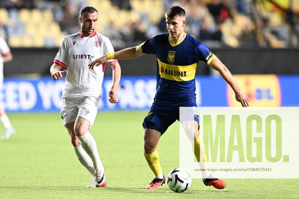 Iberia s Bakar Kardava and STVV s Samed Bazdar pictured in action during a soccer game between Belgian Sint-Truidense VV and Georgian FC Iberia 1999 Tbilisi, Thursday 15 October 2026 in Sint-Truiden, the opening match of the UEFA Conference League league phase. JILLxDELSAUX x189933035x