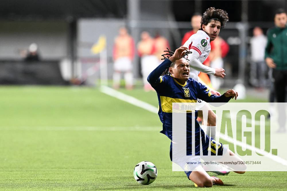 Iberia s Nikoloz Dadiani and STVV s Nelson Ishiwatari pictured in action during a soccer game between Belgian Sint-Truidense VV and Georgian FC Iberia 1999 Tbilisi, Thursday 15 October 2026 in Sint-Truiden, the opening match of the UEFA Conference League league phase. JILLxDELSAUX x189933076x
