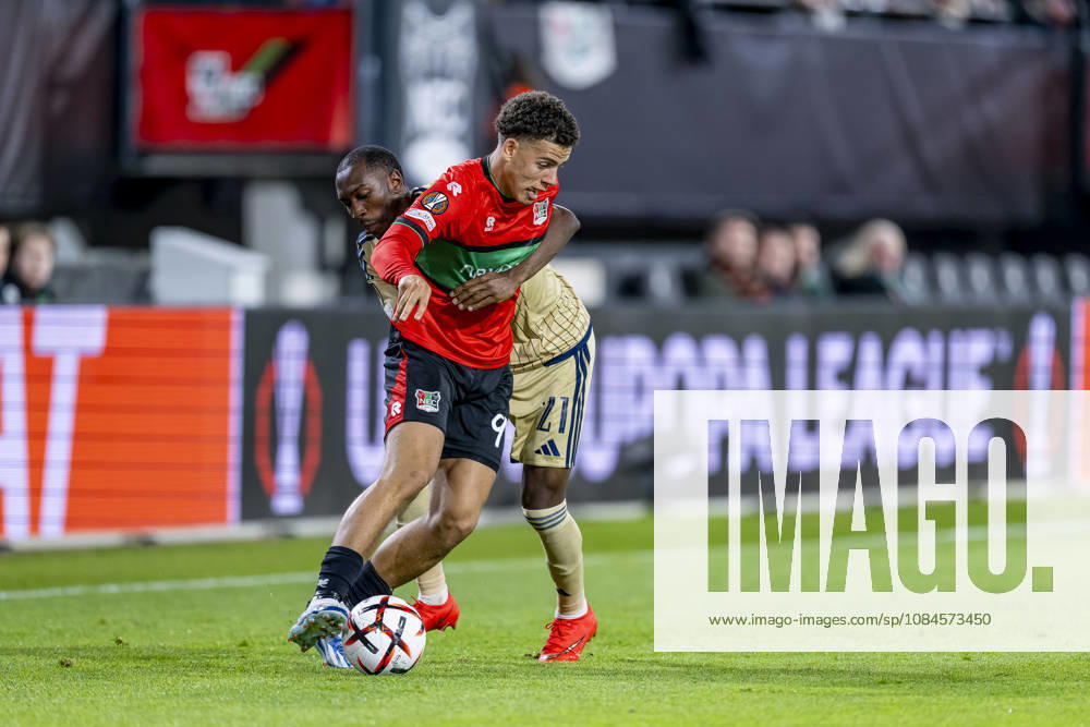 NIJMEGEN l NEC Nijmegen forward Clement Bischoff and Levski Sofia defender Aldair Neves during the UEFA Europa League match between NEC and Levski Sofia at Stadion De Goffert on October 15, 2026, in Nijmegen, the Netherlands. Photo by DeFodi Images