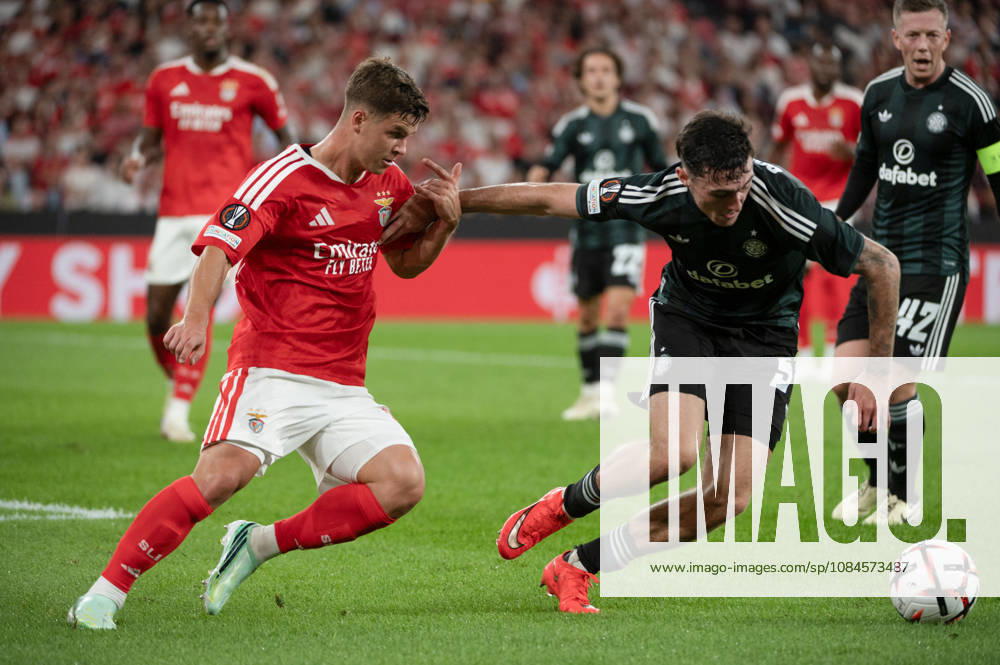 Celtic FC defender COLBY DONOVAN, right, competes for the ball with SL Benfica defender SAMUEL DAHL during their UEFA Europa League 2026 27 league phase matchday two match at Estadio da Luz in Lisbon, Portugal, on October 15, 2026. SL Benfica V Celtic FC - UEFA Europa League, Lisbon, Portugal - ZUMAr238 20261015_zip_r238_008