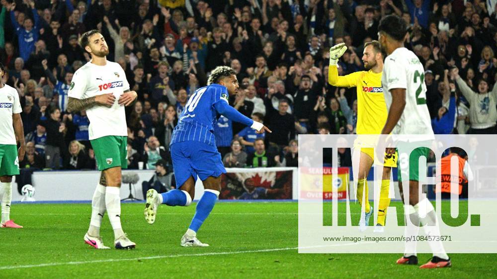 Georginio Rutter of Brighton scores their third goal during the UEFA Conference League match between Brighton and Hove Albion and Kuano Zalgiris at the American Express Stadium , Brighton , UK - 15th October 2026 Brighton & Hove Albion vs Kuano Zalgiris UEFA Conference League Football, Amex Stadium, Sussex, United Kingdom - 15 Oct 2026Brighton Amex Stadium Sussex United Kingdom Editorial use only. No merchandising. For Football images FA and Premier League restrictions apply inc. no internet mobile usage without FAPL license - for details contact Football Dataco
