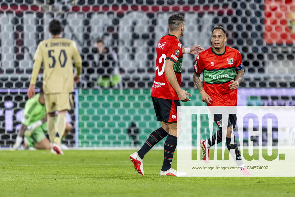NIJMEGEN l NEC Nijmegen forward Duöan Tadic and NEC Nijmegen forward Tjaronn Chery celebrate the 1-1 tie during the UEFA Europa League match between NEC and Levski Sofia at Stadion De Goffert on October 15, 2026, in Nijmegen, Netherlands. Photo by DeFodi Images