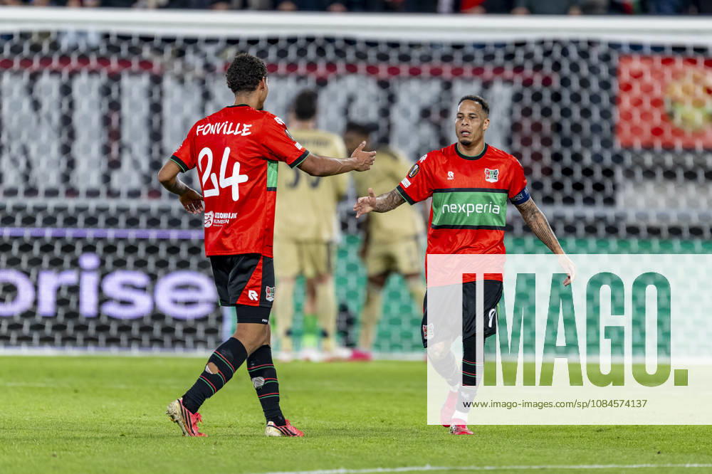 NIJMEGEN l NEC Nijmegen forwards Kevin Kers and Tjaronn Chery celebrate the 1-1 tie during the UEFA Europa League match between NEC and Levski Sofia at Stadion De Goffert on October 15, 2026, in Nijmegen, the Netherlands. Photo by DeFodi Images