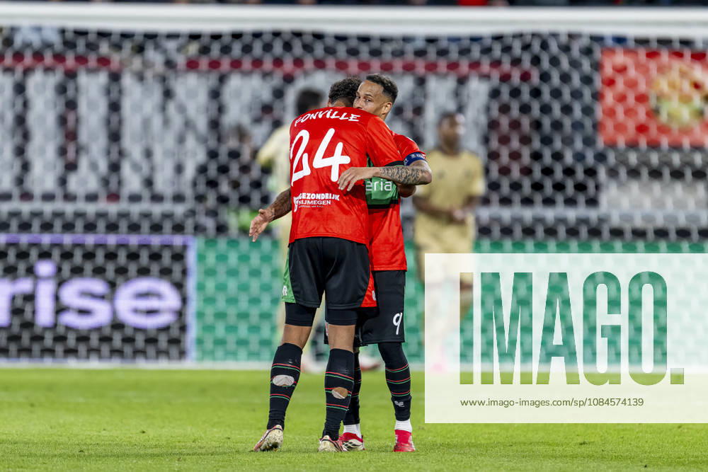 NIJMEGEN — NEC Nijmegen forward Kevin Kers and NEC Nijmegen forward Tjaronn Chery celebrate the 1-1 tie during the UEFA Europa League match between NEC and Levski Sofia at Stadion De Goffert on October 15, 2026, in Nijmegen, the Netherlands. Photo by DeFodi Images
