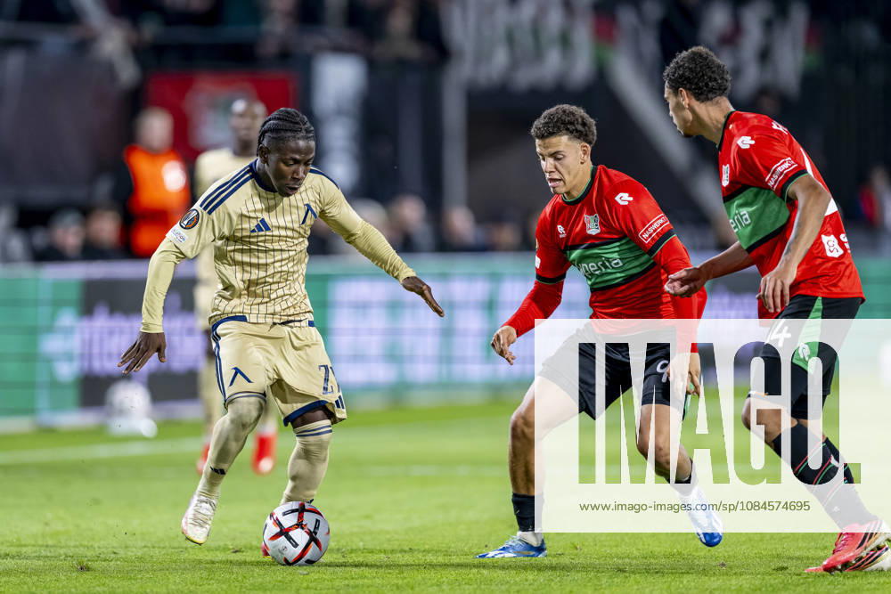 NIJMEGEN l r Levski Sofia forward David Kusso and NEC Nijmegen forward Clement Bischoff, NEC Nijmegen defender Deveron Fonville during the UEFA Europa League match between NEC and Levski Sofia at Stadion De Goffert on October 15, 2026, in Nijmegen, the Netherlands. Photo by DeFodi Images