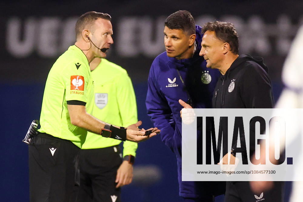 GNK Dinamo v RSC Anderlecht - UEFA Europa League 2026 27 League Phase MD2 Referee Orel Grinfeeld in conversation with Dinamo Zagreb Head Coach Mario Kovacevic during the UEFA Europa League 2026 27 League Phase MD2 match between GNK Dinamo and RSC Anderlecht at Stadion Maksimir on October 15, 2026 in Zagreb, Croatia. MatijaxHabljak PIXSELL