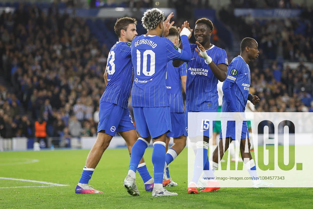 15th October 2026; American Express Stadium, Brighton, England; UEFA Conference League Football, Brighton and Hove Albion versus Kauno Zalgiris; Georginio Rutter of Brighton and Hove Albion celebrates his teams first goal in the 42nd minute with Ibrahim Osman ChrisxRoll