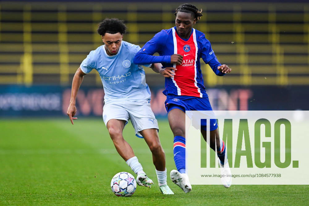 Dante Headley of Man City is put under pressure by Noha Tiehi of Paris Saint Germain during the UEFA Youth League football match between Manchester City and Paris Saint Germain at the Etihad Stadium in Manchester, England. (Photo by Will Palmer Sports Press Photo)
