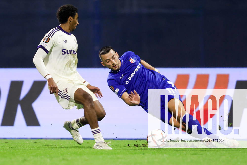 GNK Dinamo v RSC Anderlecht - UEFA Europa League 2026 27 League Phase MD2 Arber Hoxha of Dinamo Zagreb and Leo Petrot of Anderlecht in action during the UEFA Europa League 2026 27 League Phase MD2 match between GNK Dinamo and RSC Anderlecht at Stadion Maksimir on October 15, 2026 in Zagreb, Croatia. JosipxMikacic PIXSELL