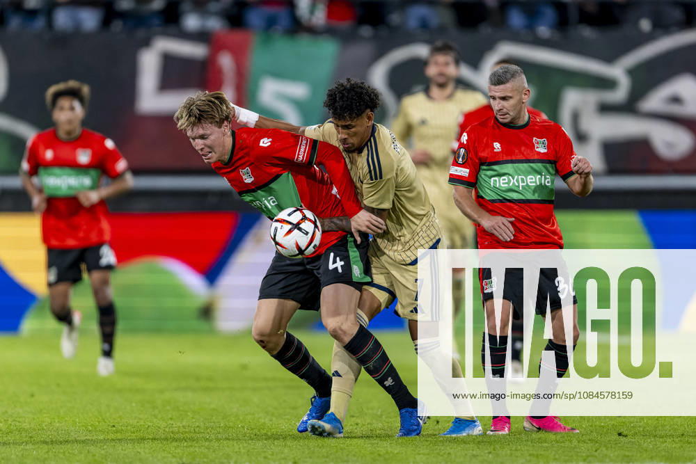 NIJMEGEN l NEC Nijmegen defender Perr Schuurs and Levski Sofia forward Reinaldo during the UEFA Europa League match between NEC and Levski Sofia at Stadion De Goffert on October 15, 2026, in Nijmegen, Netherlands. Photo by DeFodi Images