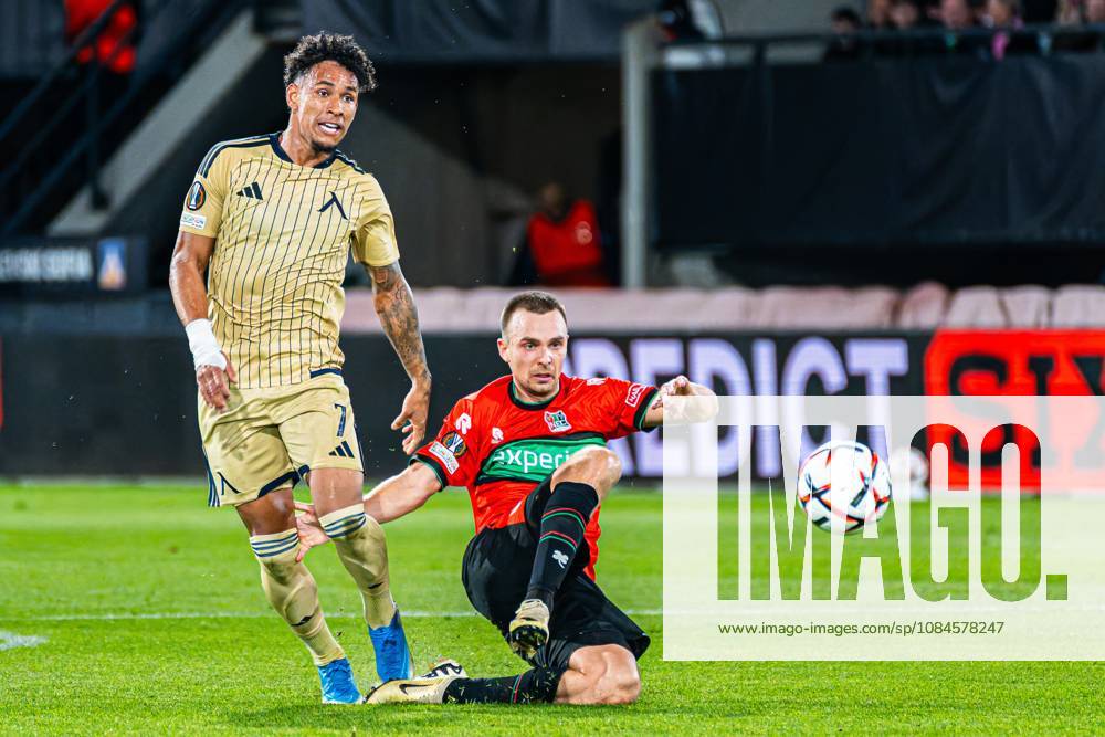 NIJMEGEN - Darko Nejasmic of NEC Nijmegen battles for possession with Reinaldo of Levski Sofia during the UEFA Europa League match between NEC Nijmegen and Levski Sofia at the Goffertstadion on 15 October 2026 in Nijmegen, the Netherlands. KEVIN SENDERS ANP UEFA Europa League 2026 27 ANPxSportx xMarcelxterxBalsxIVx 572567968 originalFilename: 572567968
