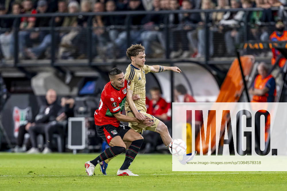 NIJMEGEN l NEC Nijmegen forward Duöan Tadic and Levski Sofia midfielder Serginho during the UEFA Europa League match between NEC and Levski Sofia at Stadion De Goffert on October 15, 2026, in Nijmegen, the Netherlands. Photo by DeFodi Images