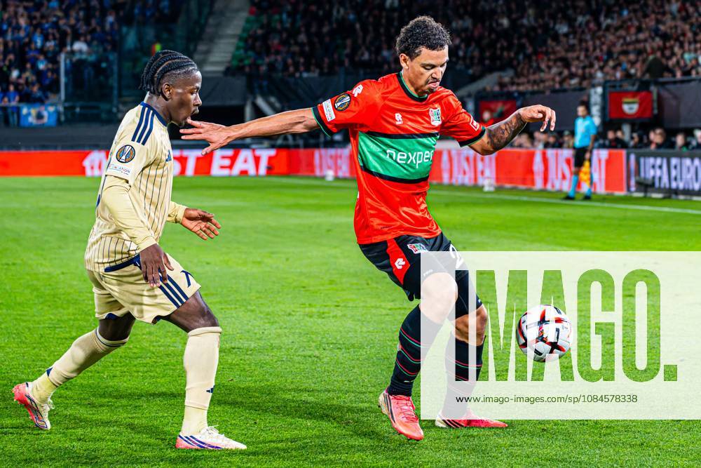NIJMEGEN - Deveron Fonville of NEC Nijmegen battles for possession with Christian Makoun of Levski Sofia during the UEFA Europa League match between NEC Nijmegen and Levski Sofia at the Goffertstadion on 15 October 2026 in Nijmegen, the Netherlands. KEVIN SENDERS ANP UEFA Europa League 2026 27 ANPxSportx xMarcelxterxBalsxIVx 572568012 originalFilename: 572568012