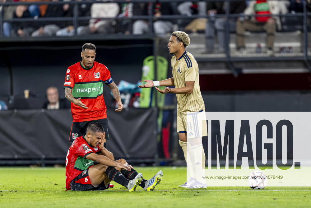 NIJMEGEN l NEC Nijmegen forward Tjaronn Chery, NEC Nijmegen defender Gabriel Brás, and Levski Sofia forward Armstrong Oko Flex during the UEFA Europa League match between NEC and Levski Sofia at Stadion De Goffert on October 15, 2026, in Nijmegen, Netherlands. Photo by DeFodi Images
