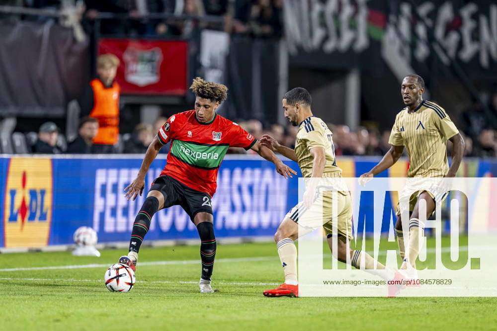 NIJMEGEN l NEC Nijmegen midfielder Noe Lebreton and Levski Sofia midfielder Mazire Soula during the UEFA Europa League match between NEC and Levski Sofia at Stadion De Goffert on October 15, 2026, in Nijmegen, the Netherlands. Photo by DeFodi Images