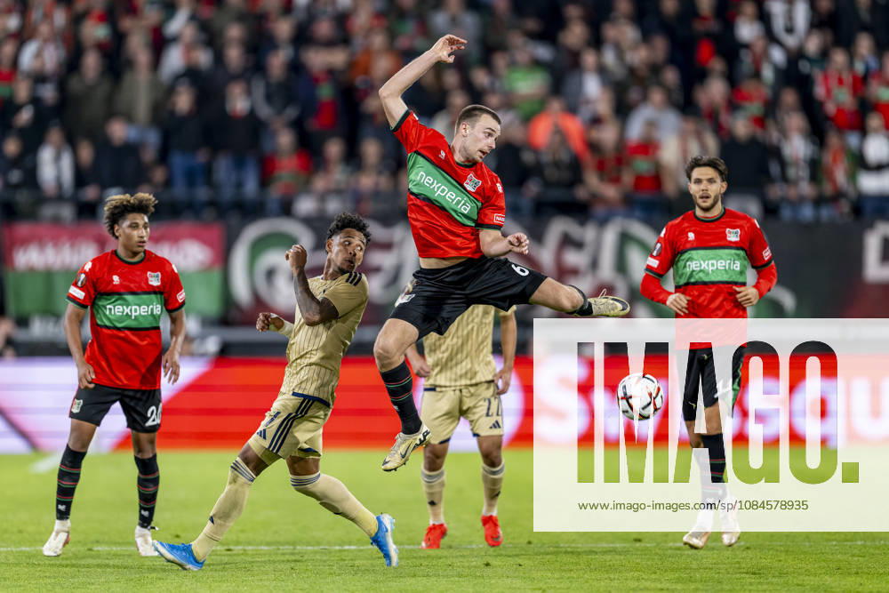 NIJMEGEN l Levski Sofia forward Reinaldo and NEC Nijmegen midfielder Darko Nejaömic during the UEFA Europa League match between NEC and Levski Sofia at Stadion De Goffert on October 15, 2026, in Nijmegen, Netherlands. Photo by DeFodi Images