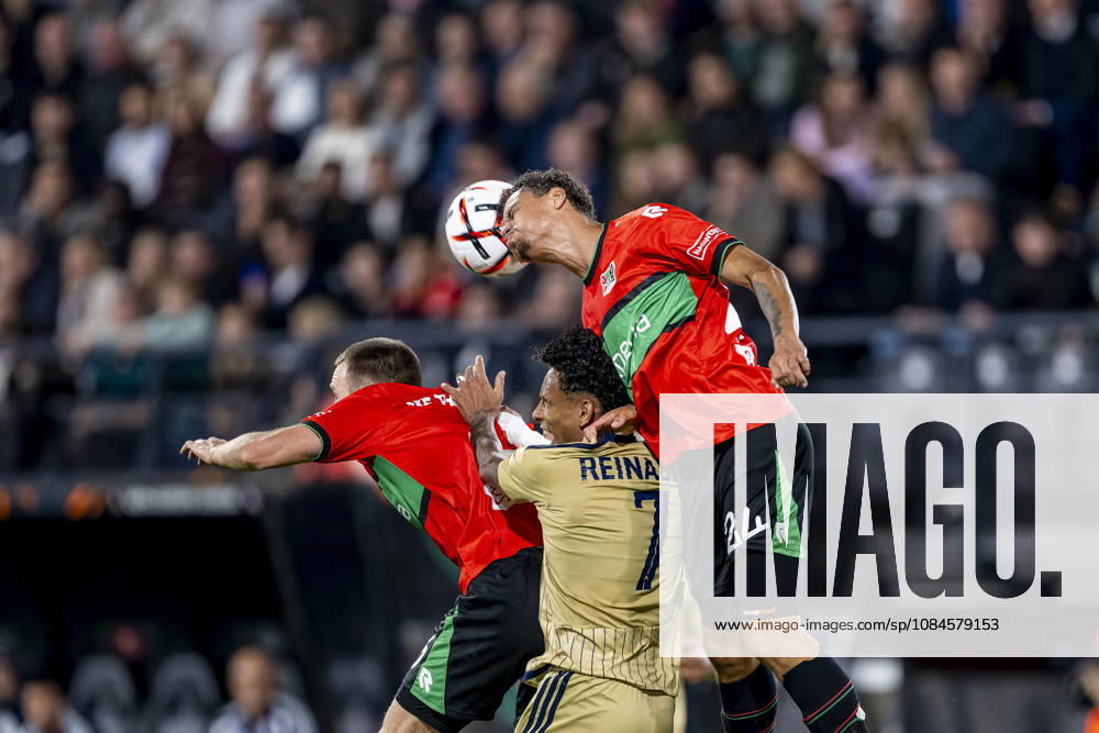 NIJMEGEN l Levski Sofia forward Reinaldo and NEC Nijmegen defender Deveron Fonville during the UEFA Europa League match between NEC and Levski Sofia at Stadion De Goffert on October 15, 2026, in Nijmegen, the Netherlands. Photo by DeFodi Images