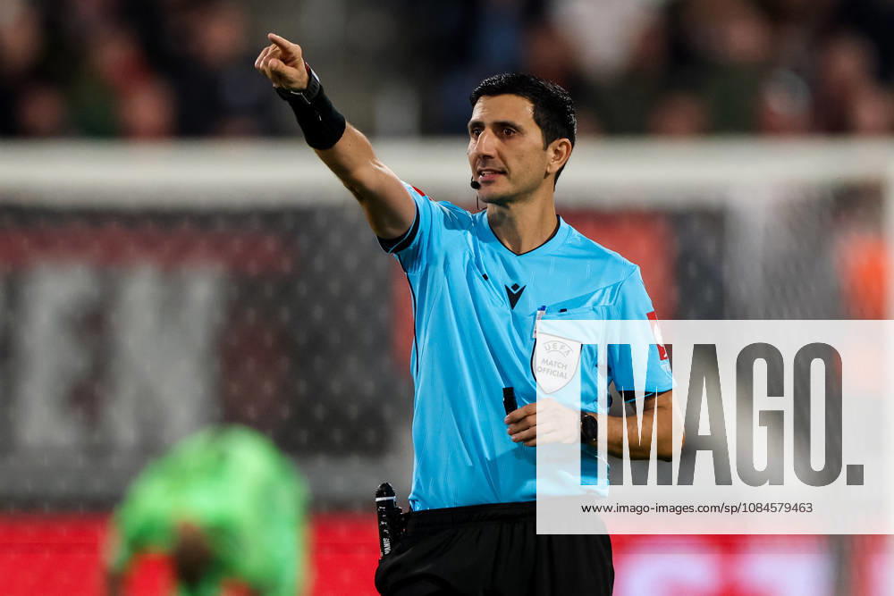 referee Aliyar Aghayev gestures during the UEFA Europa League 2026 27 League Phase MD2 match between N.E.C. Nijmegen and PFC Levski Sofia at Goffertstadion on October 15, 2026 in Nijmegen, Netherlands.