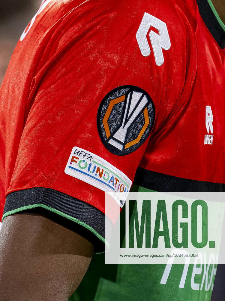 NIJMEGEN Europa League patch on the sleeve of the NEC jersey during the UEFA Europa League match between NEC and Levski Sofia at Stadion De Goffert on October 15, 2026, in Nijmegen, the Netherlands. Photo by DeFodi Images