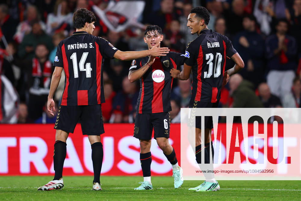 Bournemouth, England, 15th October 2026. Alvaro Rodriguez (R) of AFC Bournemouth celebrates after scoring to make it 3-0 during the AFC Bournemouth vs Sturm Graz UEFA Europa League match at the Vitality Stadium, Bournemouth. Picture credit should read: Paul Terry Sportimage . SPI_086_PT_Bournemouth_Sturm_Graz SPI-5072-0086
