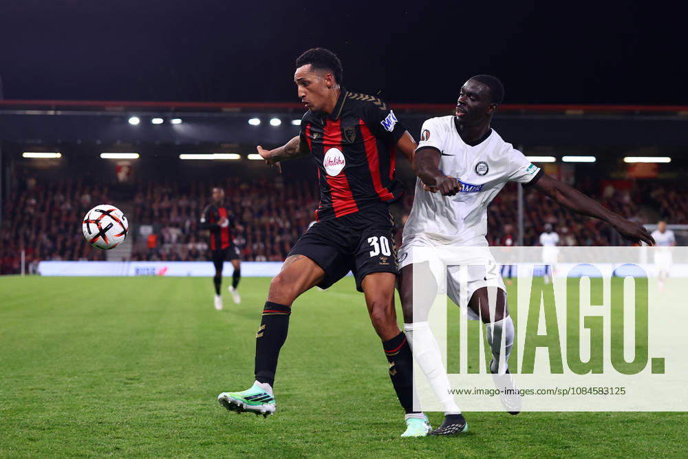 Bournemouth, England, 15th October 2026. Alvaro Rodriguez of AFC Bournemouth and Joshua Quarshie of Sturm Graz challenge for the ball during the AFC Bournemouth vs Sturm Graz UEFA Europa League match at the Vitality Stadium, Bournemouth. Picture credit should read: Paul Terry Sportimage . SPI_122_PT_Bournemouth_Sturm_Graz SPI-5072-0122