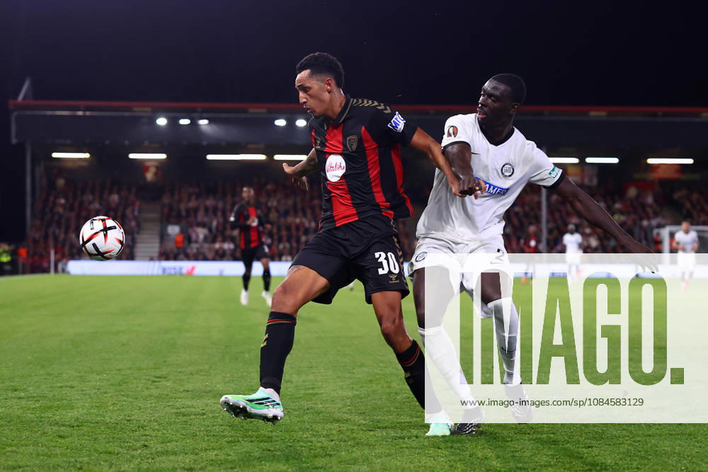 Bournemouth, England, 15th October 2026. Alvaro Rodriguez of AFC Bournemouth and Joshua Quarshie of Sturm Graz challenge for the ball during the AFC Bournemouth vs Sturm Graz UEFA Europa League match at the Vitality Stadium, Bournemouth. Picture credit should read: Paul Terry Sportimage . SPI_123_PT_Bournemouth_Sturm_Graz SPI-5072-0123