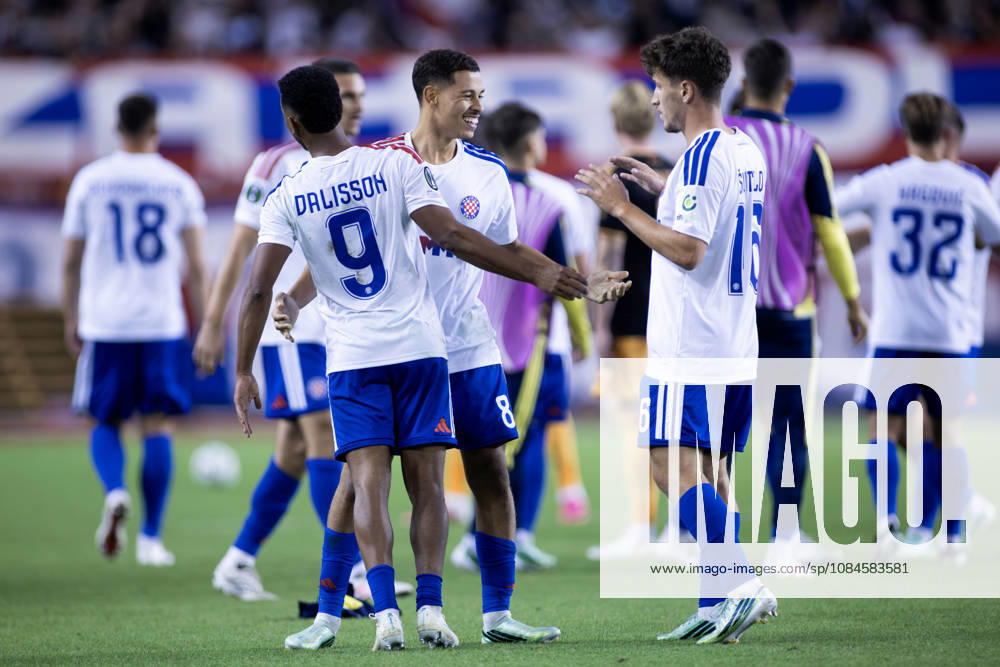 HNK Hajduk Split players celebrate their victory over Ajax after the UEFA Conference League match at Poljud Stadium. Split Croatia - ZUMAp210 20261015_zsp_p210_015