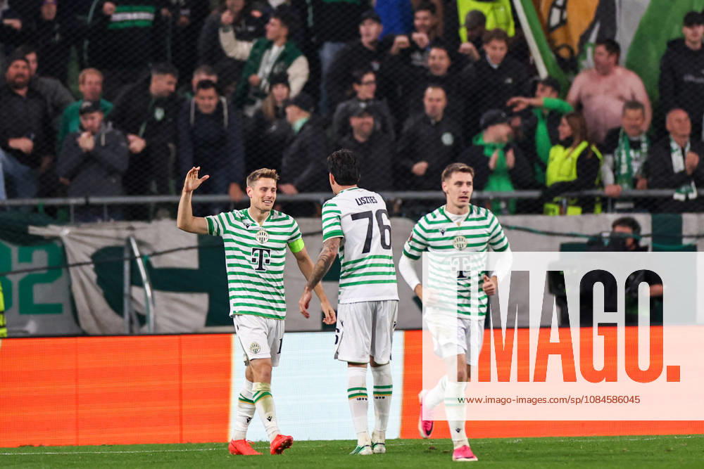 (261016) -- BUDAPEST, Oct. 16, 2026 -- Kristoffer Zachariassen (L) of Ferencvaros celebrates with Krisztian Lisztes during the UEFA Europa League 2026 27 League Phase match between Ferencvaros and Viktoria Plzen in Budapest, Hungary, Oct. 15, 2026. ) (SP)HUNGARY-BUDAPEST-FOOTBALL-UEFA EUROPA LEAGUE-FERENCVAROS VS VIKTORIA PLZEN HuxZhixuan