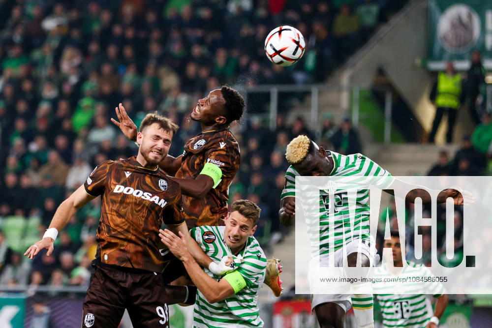 (261016) -- BUDAPEST, Oct. 16, 2026 -- Sampson Dweh (2nd L) of Viktoria Plzen vies for a header with Bamidele Yusuf (2nd R) of Ferencvaros during the UEFA Europa League 2026 27 League Phase match between Ferencvaros and Viktoria Plzen in Budapest, Hungary, Oct. 15, 2026. ) (SP)HUNGARY-BUDAPEST-FOOTBALL-UEFA EUROPA LEAGUE-FERENCVAROS VS VIKTORIA PLZEN HuxZhixuan