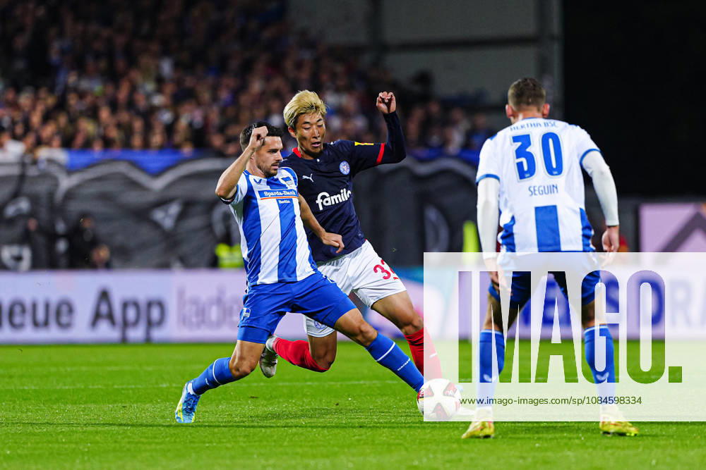 Josip Brekalo, Hertha BSC, 07; Hiroki Sekine, Holstein Kiel, 32 (GER); Holstein Kiel vs. Hertha BSC, Soccer, 2. Bundesliga, Matchday 08, 2026–2027 Season, October 16, 2026 DFL regulations prohibit any use of photographs as image sequences and or quasi-video GER, Holstein Kiel vs. Hertha BSC, Soccer, 2. Bundesliga, Matchday 8, 2026–2027 Season, October 16, 2026, Kiel