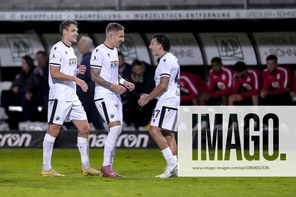 From left: Max Christiansen (SVS), 26; Marco Kehl Gomez (SVS), 33, captain; Arianit Ferati (SVS), 47; players from SV Sandhausen (SVS) celebrate the 1-0 goal, Celebration, goal celebration, scoring a goal, celebrate the goal, goal, celebration, celebrating the goal, joy, happiness, happy, optimistic, positive, game scene, highlight, action, 10 16 2026, Sandhausen, Germany, soccer, Regionalliga Southwest, SV Sandhausen vs. Kickers Offenbach