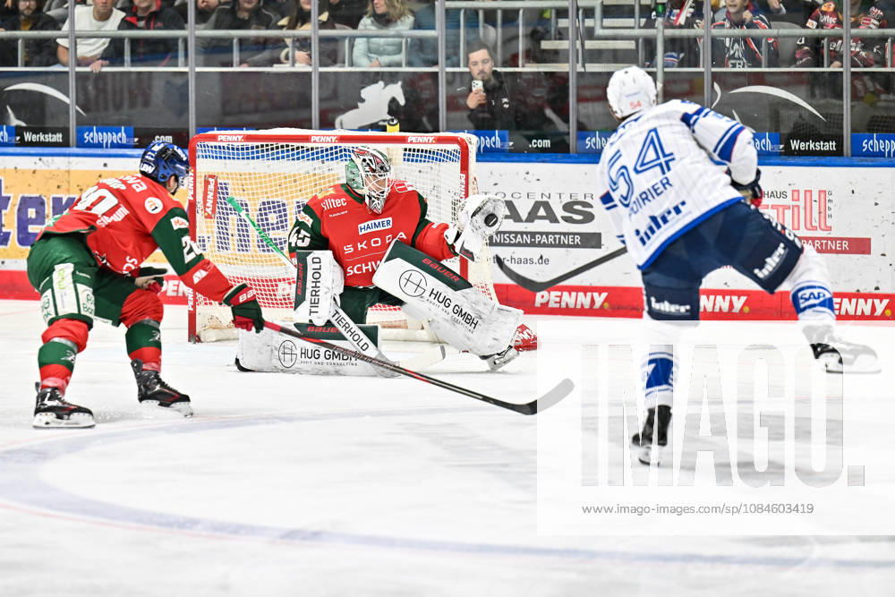 Penny DEL Augsburger Panther vs. Adler Mannheim, October 16, 2026, AUGSBURG, GERMANY, October 16: Tobias ANCICKA of the Augsburger Panther (45) catches a shot by Jeremie POIRIER of the Adler Mannheim (54) during the Penny DEL match between the Augsburger Panther and the Adler Mannheim on Matchday 9 at Curt Frenzel Stadium