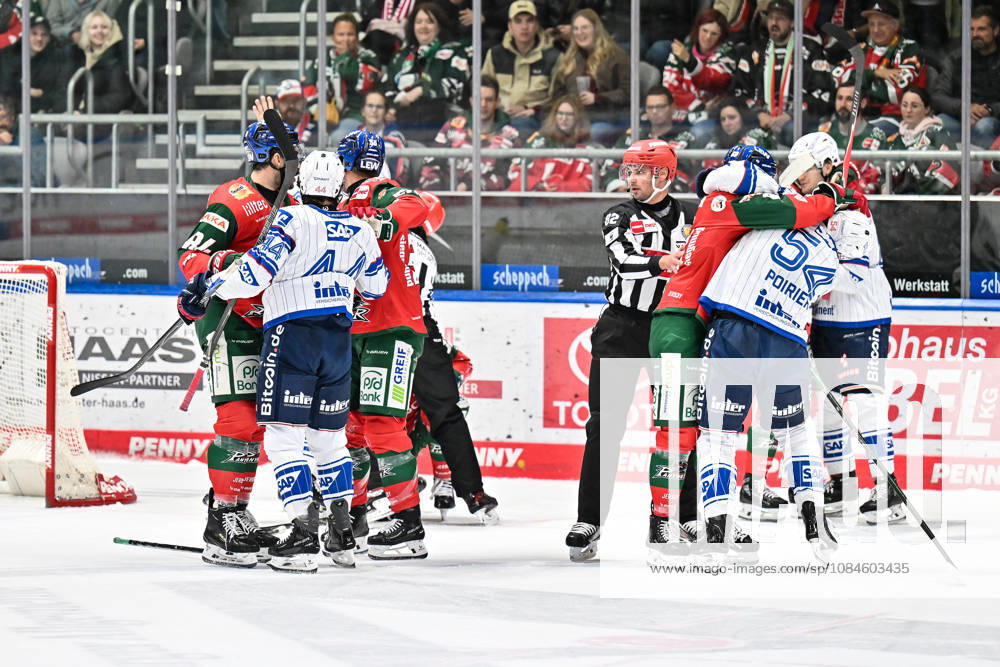 Penny DEL: Augsburger Panther vs. Adler Mannheim, October 16, 2026 AUGSBURG, GERMANY October 16: A heated first period during the Penny DEL game between the Augsburger Panther and the Adler Mannheim on Matchday 9 at Curt Frenzel Stadium