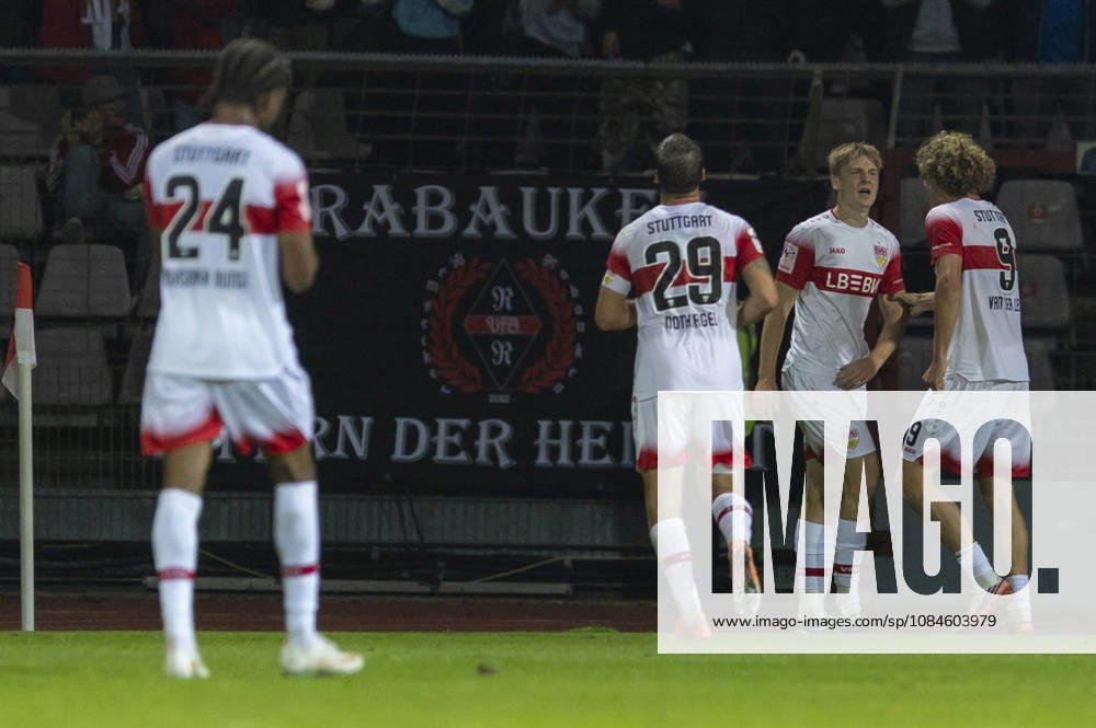 3rd Division, Fortuna Cologne vs. VfB Stuttgart U21, October 16, 2026: Celebrations after the go-ahead goal. 3rd Division, Fortuna Cologne vs. VfB Stuttgart U21, Matchday 10, October 16, 2026, Südstadion, Cologne. DFB regulations prohibit any use of photographs as image sequences and or quasi-video.