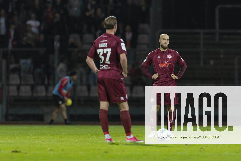 3rd Division, Fortuna Cologne vs. VfB Stuttgart U21, October 16, 2026: Adrian Stanilewicz (Fortuna Cologne, 20) and Jannik Mause (Fortuna Cologne, 37) look disappointed after conceding a goal. 3rd Division, Fortuna Cologne vs. VfB Stuttgart U21, Matchday 10, October 16, 2026, Südstadion, Cologne. DFB regulations prohibit any use of photographs as image sequences and or quasi-video.