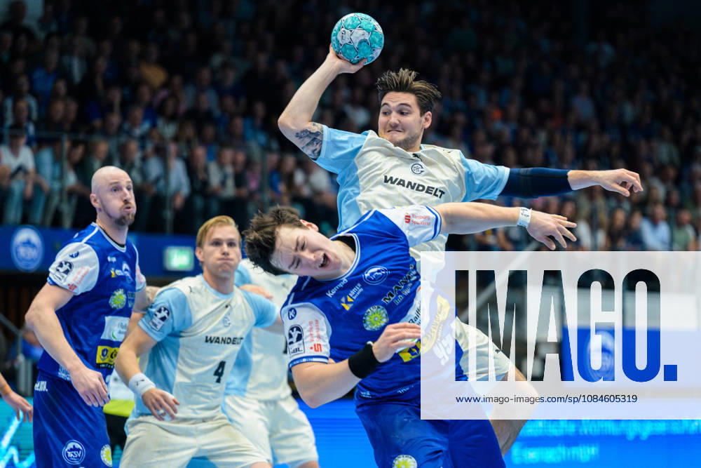 Ludvig Hallback, VfL Gummersbach, 20 (shooter), Tillman Leu, ThSV Eisenach, 99, Ellidi Vidarsson, VfL Gummersbach, 04, Dominik Solak, ThSV Eisenach, 30 GER, ThSV Eisenach vs. VfL Gummersbach, 1st Opel Handball Bundesliga, Handball, Matchday 9, 2026–2027 season, 8:00 p.m., October 16, 2026 GER, ThSV Eisenach vs. VfL Gummersbach, 1st Opel Handball Bundesliga, Handball, Matchday 9, 2026–2027 season, 8:00 p.m., October 16, 2026, Eisenach