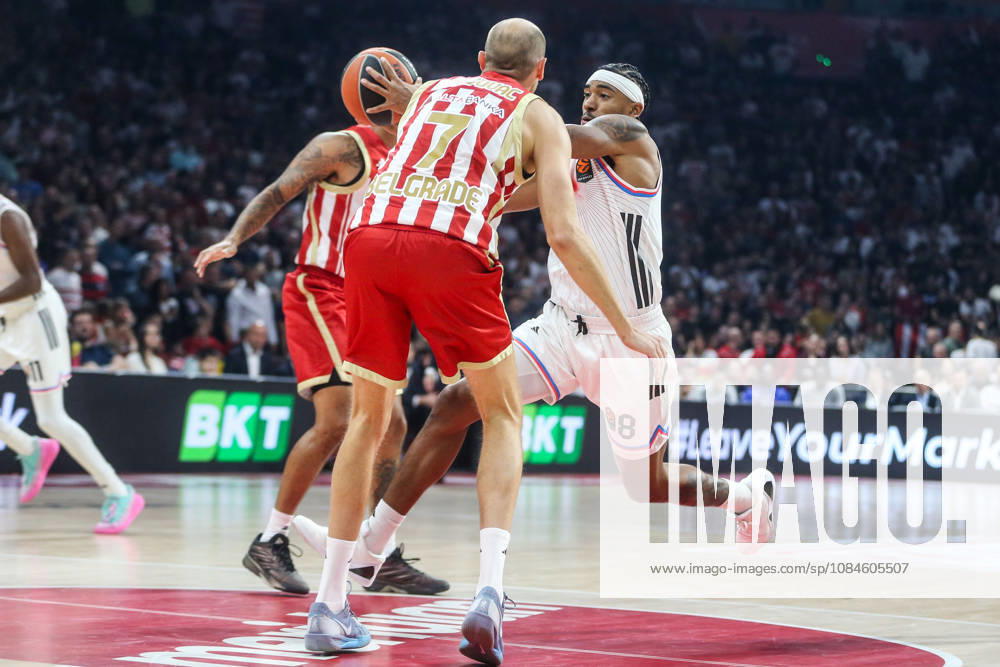 Crvena Zvezda v Paris - EuroLeague BELGRADE, SERBIA - OCTOBER 16: Jared Rhoden (8) of Paris Basketball in action against Dejan Davidovac (7) of Crvena Zvezda during the Basketball EuroLeague Round 6 match between Crvena Zvezda and Paris at Belgrade Arena in Belgrade, Serbia on October 16, 2026. Filip Stevanovic Anadolu Belgrade Serbia. Editorial use only. Please get in touch for any other usage.