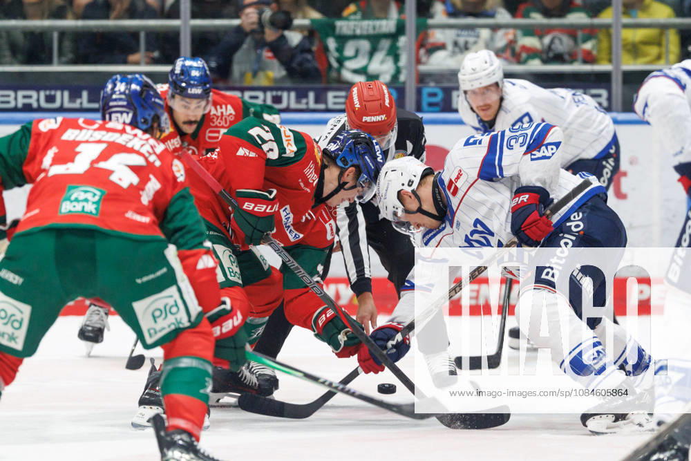 Philipp Krauss, 20, of the Augsburger Panther, and Patrick Brown, 38, of the Adler Mannheim, during the game between the Augsburger Panther and the Adler Mannheim, men s ice hockey, DEL, 2026–2027, Matchday 9 on October 16, 2026, in Augsburg, Curt Frenzel Stadium, Bavaria, Germany