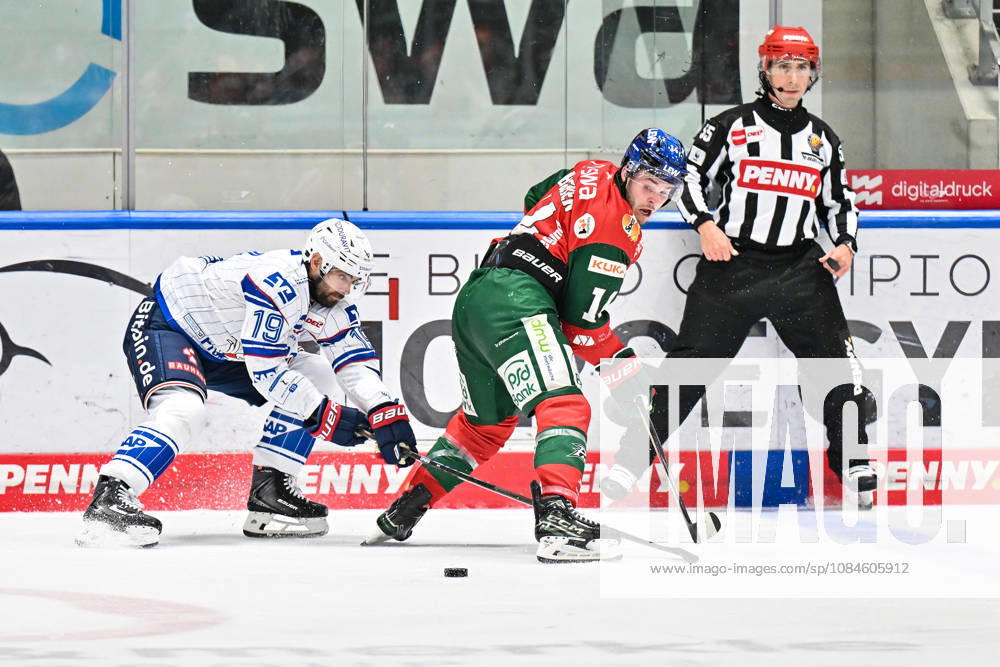 Penny DEL: Augsburger Panther vs. Adler Mannheim, October 16, 2026, AUGSBURG, GERMANY, October 16: Luke ESPOSITO of Adler Mannheim (No. 19) and D. J. BUSDEKER of the Augsburger Panther (No. 14) face off during the Penny DEL match between the Augsburger Panther and Adler Mannheim on Matchday 9 at Curt Frenzel Stadium