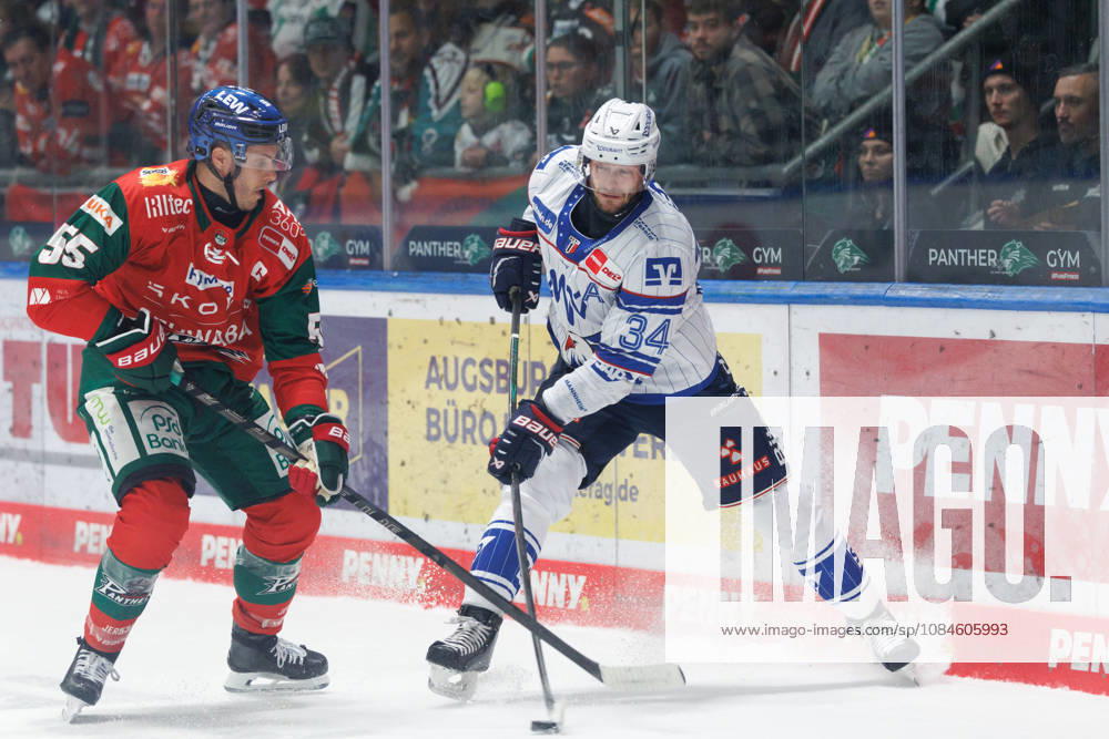 Tom Kühnhackl (34), Adler Mannheim, and Ryan Button (55), Augsburger Panther, during the game between the Augsburger Panther and Adler Mannheim, ice hockey, men s, DEL, 2026–2027, Matchday 9 on October 16, 2026, in Augsburg, Curt Frenzel Stadium, Bavaria, Germany