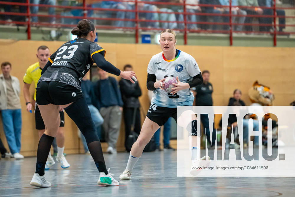 Handball I Women I 2026–2027 Season I 2nd Bundesliga I Matchday 6 I VfL Waiblingen vs. Bergischer HC I October 16, 2026: Malina Marie Vorlicek Michalczik 24, Bergischer HC with the ball, Celia Heinzer 23, VfL Waiblingen Tigers on defense, Bittenfeld Community Hall, Baden-Württemberg, Germany