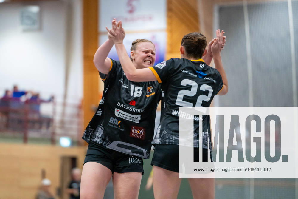 Handball I Women I 2026–2027 Season I 2nd Bundesliga I Matchday 6 I VfL Waiblingen vs. Bergischer HC I October 16, 2026 Kimberly Eileen Gisa, 18, VfL Waiblingen Tigers, and Cosima Würdinger, 22, VfL Waiblingen Tigers celebrate at the Bittenfeld Community Hall in Baden-Württemberg, Germany